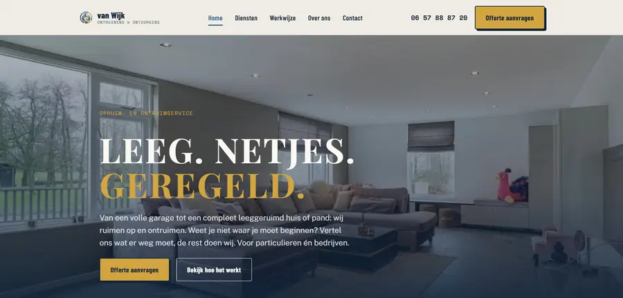 Homepage van de website van Van Wijk Ontruiming & Ontzorging